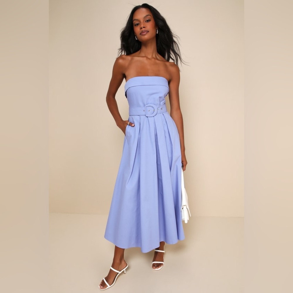 Lulu's Trendsetting Choice Periwinkle Strapless Midi Dress With Pockets (NWT) - Picture 4 of 8